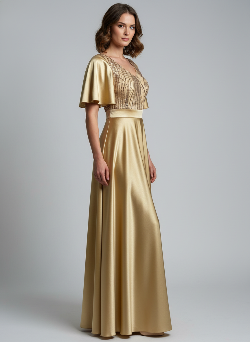 Vestido Largo Con Mangas y Encaje - GALA