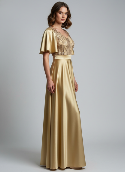 Vestido Largo Con Mangas y Encaje - GALA