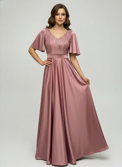 Vestido Largo Con Mangas y Encaje - GALA