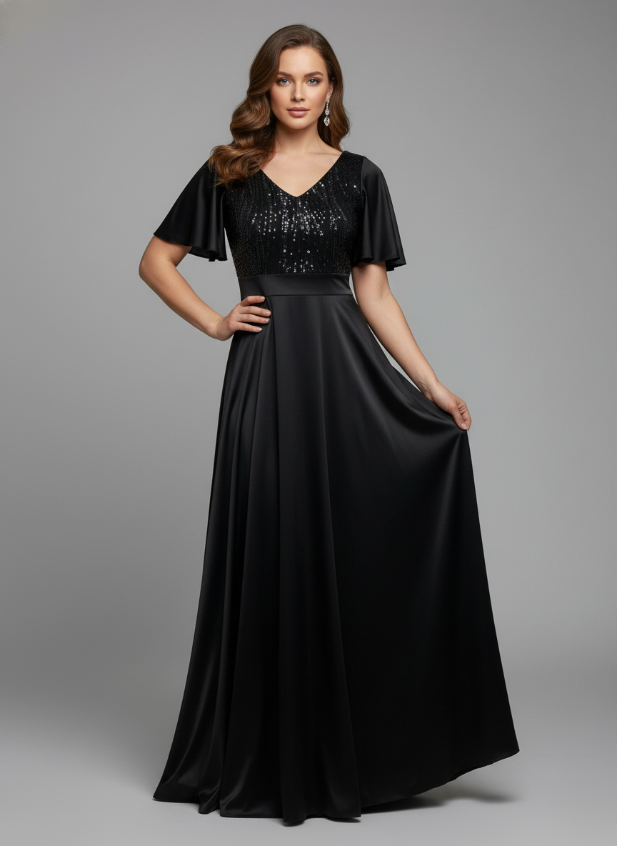 Vestido Largo Con Mangas y Encaje - GALA