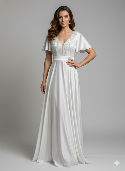 Vestido Largo Con Mangas y Encaje - GALA