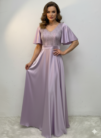 Vestido Largo Con Mangas y Encaje - GALA