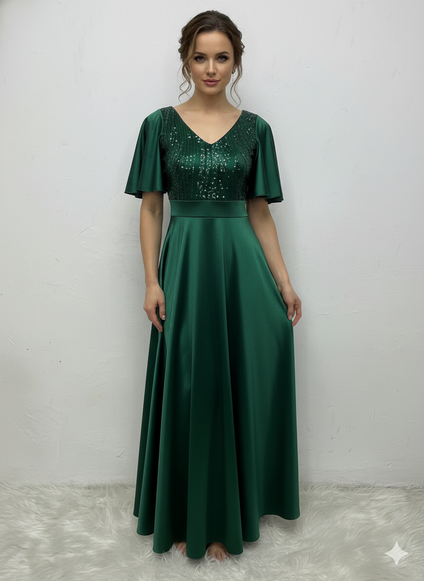 Vestido Largo Con Mangas y Encaje - GALA