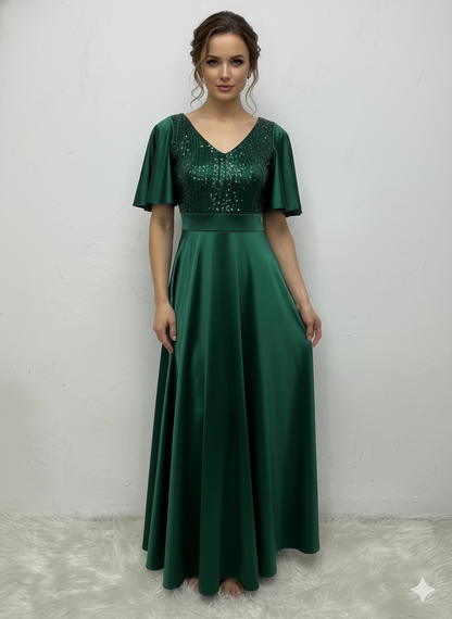 Vestido Largo Con Mangas y Encaje - GALA