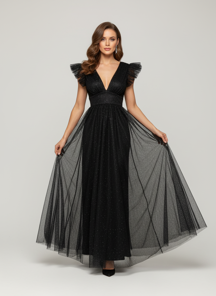 Vestido Largo con Brillos y Mangas - JULIA BRILLOS