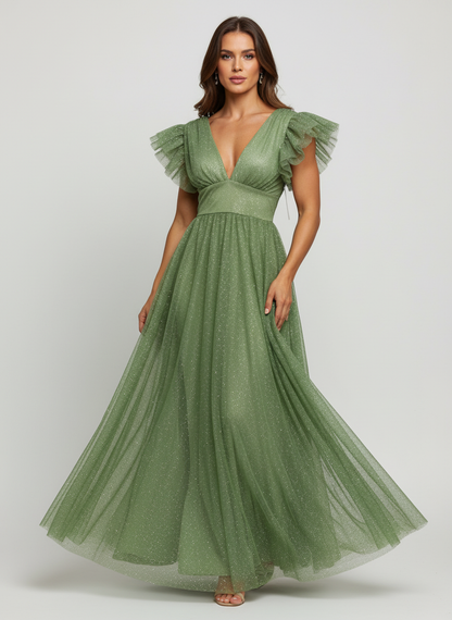 Vestido Largo con Brillos y Mangas - JULIA BRILLOS