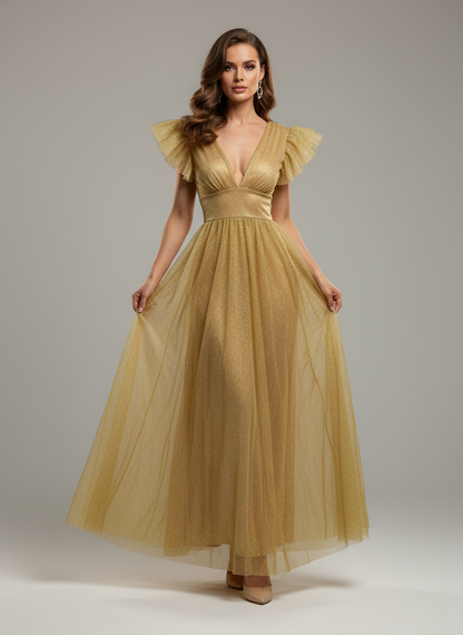 Vestido Largo con Brillos y Mangas - JULIA BRILLOS