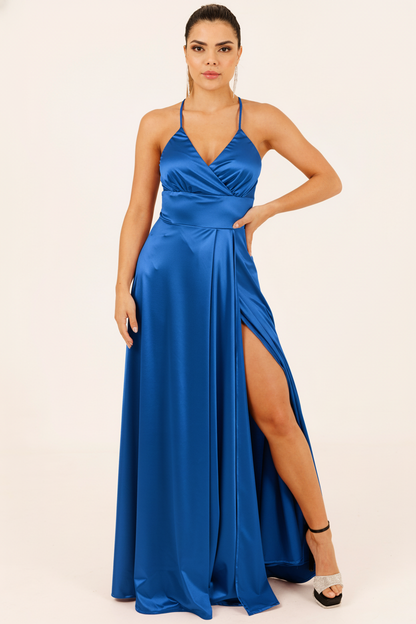 Vestido Largo Escote Cruzado y Tirantes con Abertura - VIOLETA SATEEN