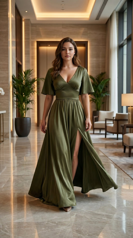 Vestido largo con Manga y Abertura - Cristina Nuevo