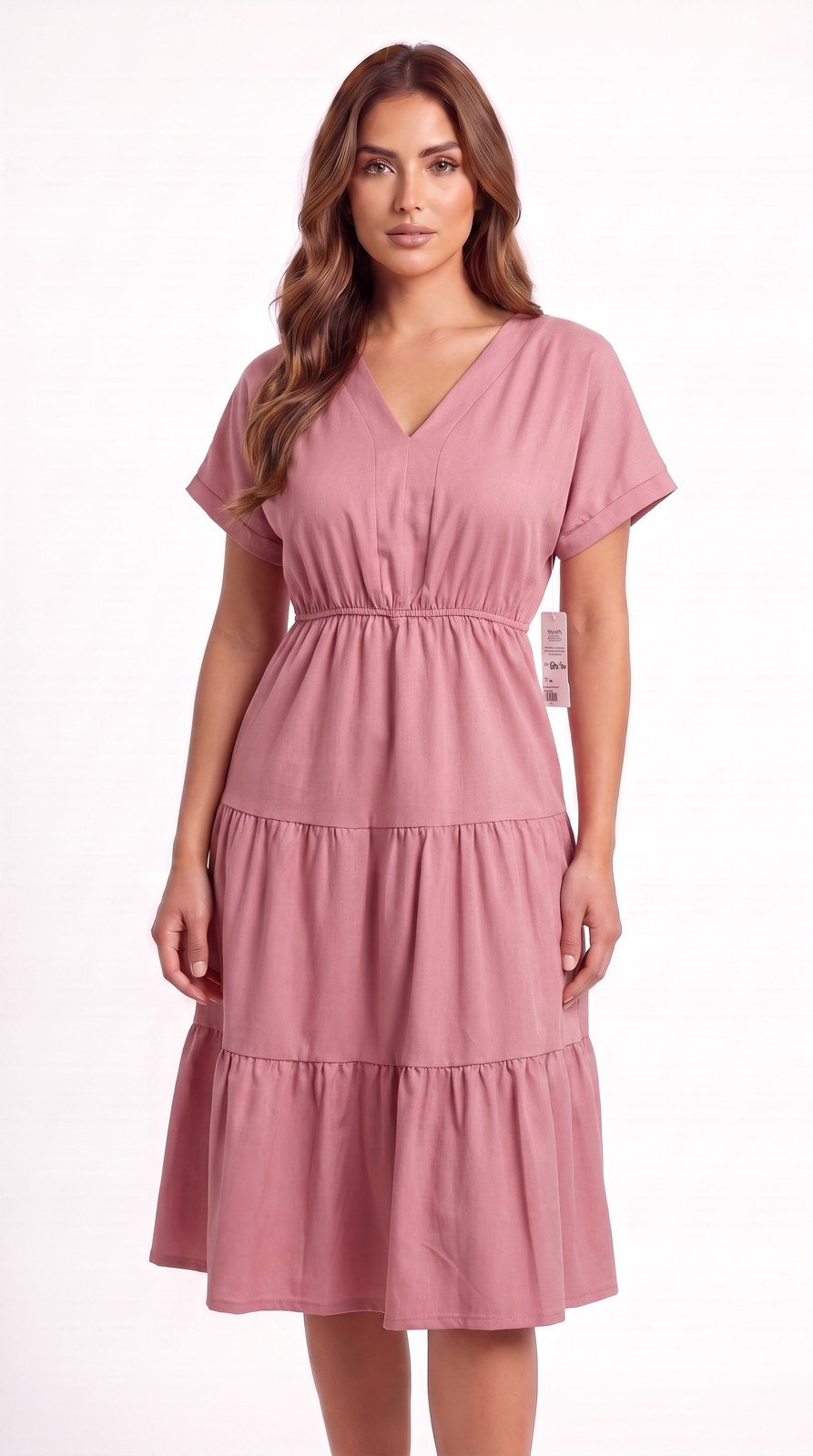 Vestido corto de lino con escote V África color rosa palo, con modelo, otra vista – the•moda