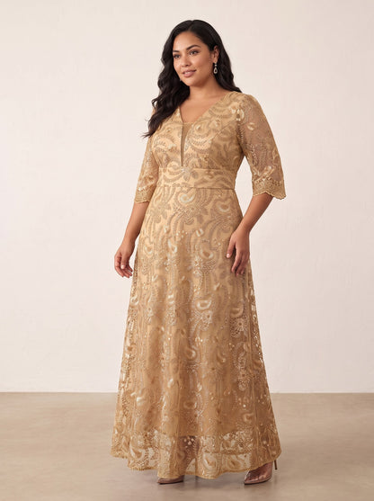 Vestido largo de encaje con manga 3/4 DANNA color oro, frente con modelo – the•moda