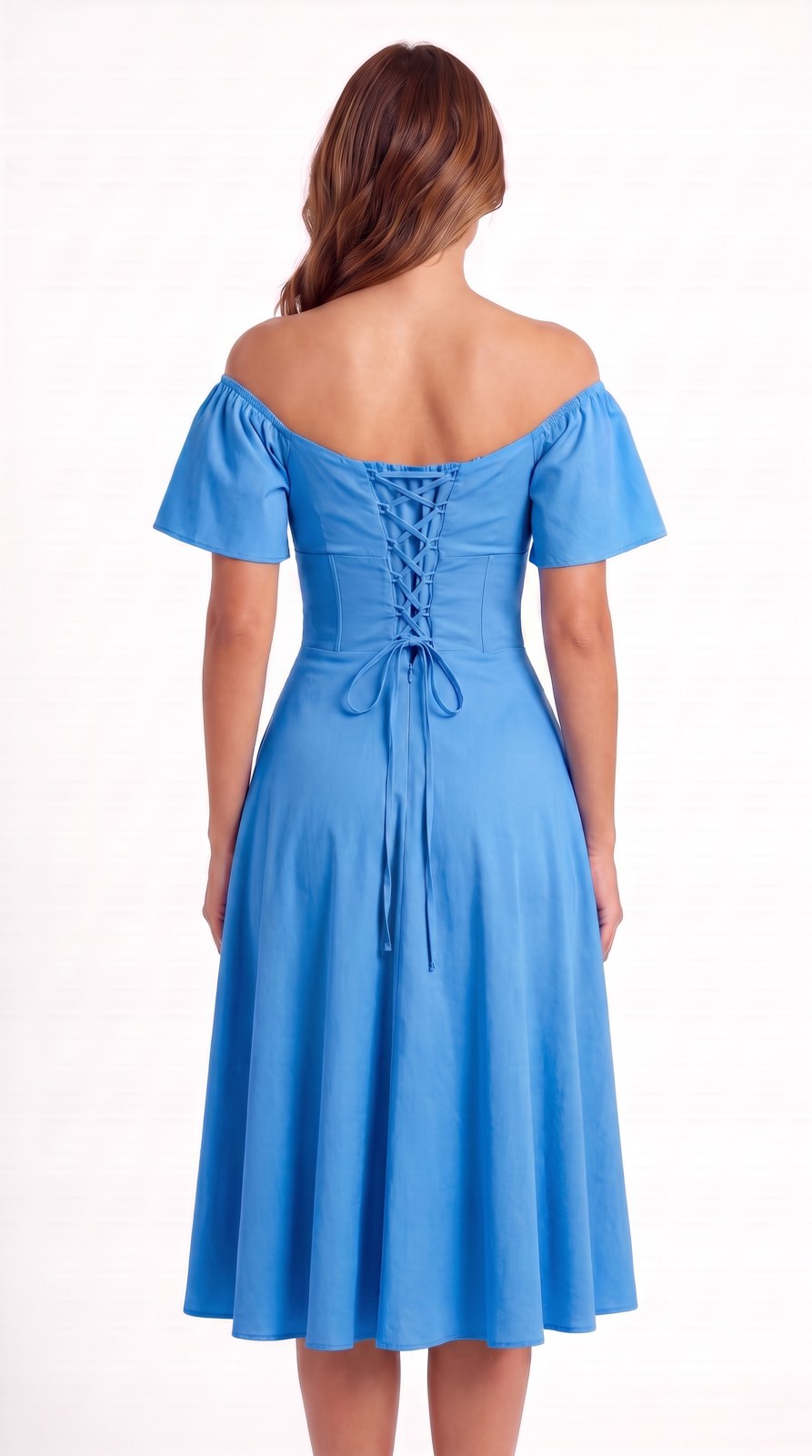 Vestido midi de lino con escote campesino Capricho color azul, con modelo, espalda – the•moda
