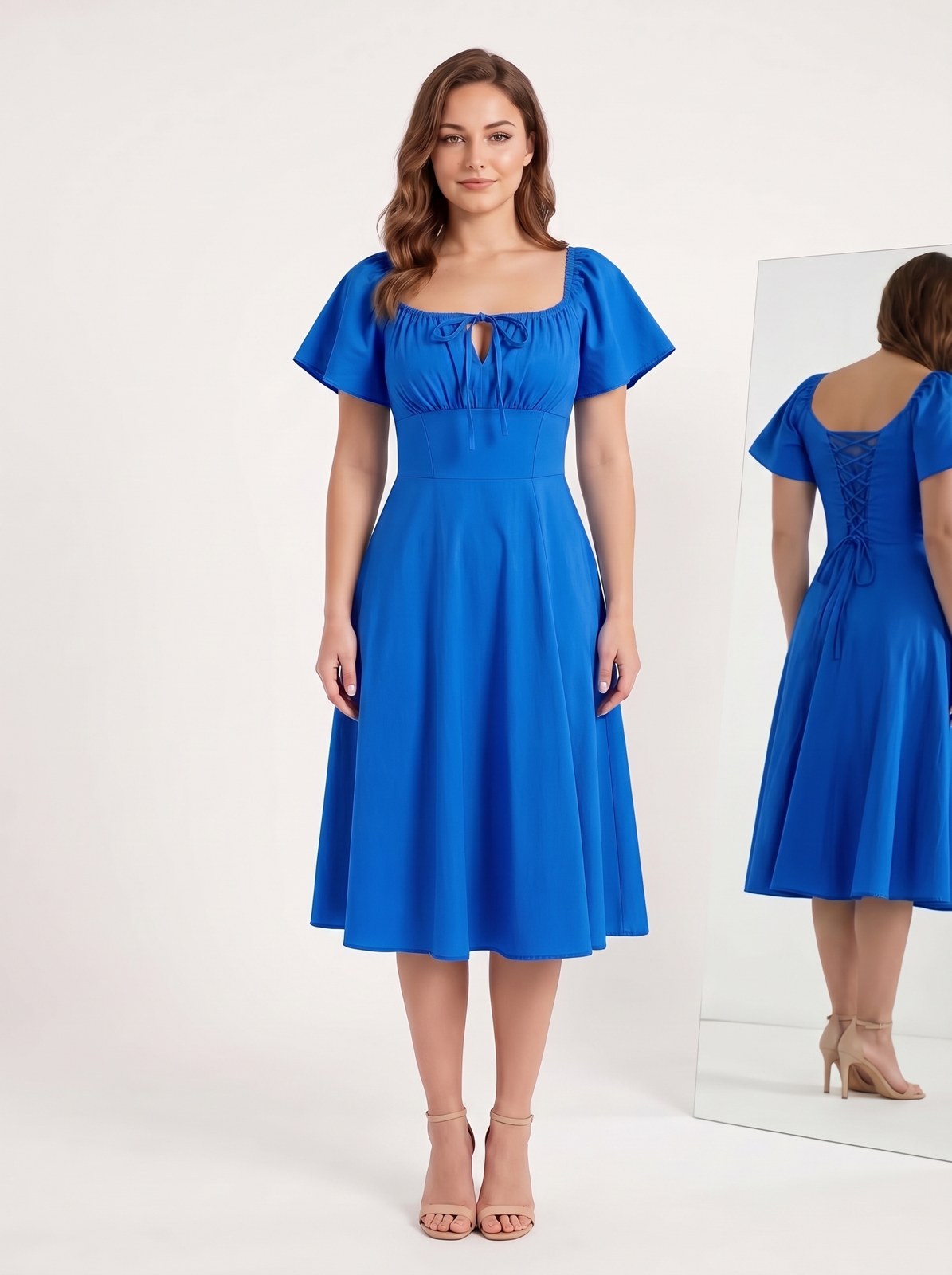 Vestido midi de lino con escote campesino Capricho color azul rey, con modelo, frente – the•moda