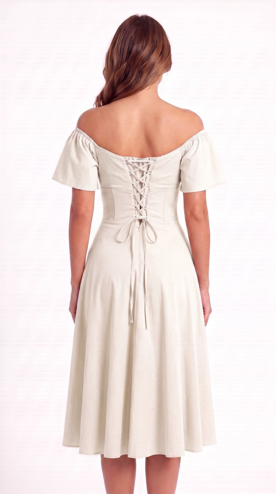 Vestido midi de lino con escote campesino Capricho color blanco, con modelo, espalda – the•moda