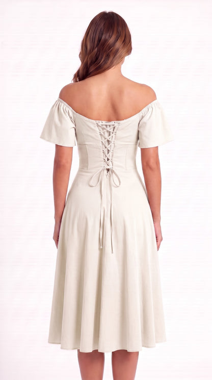 Vestido midi de lino con escote campesino Capricho color blanco, con modelo, espalda – the•moda