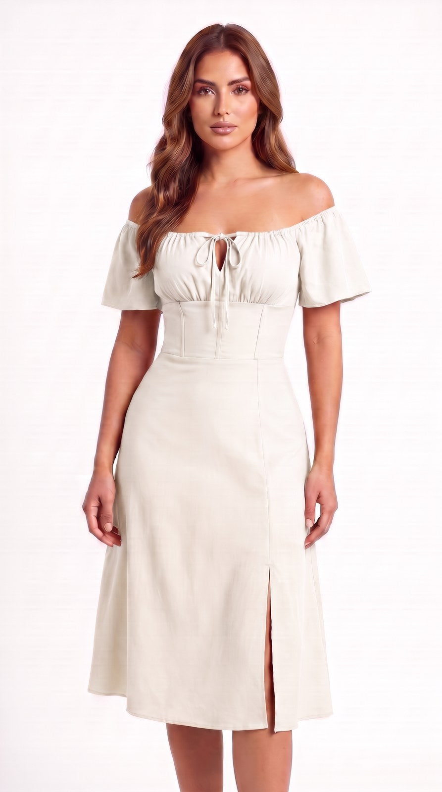 Vestido midi de lino con escote campesino Capricho color blanco, con modelo, frente – the•moda