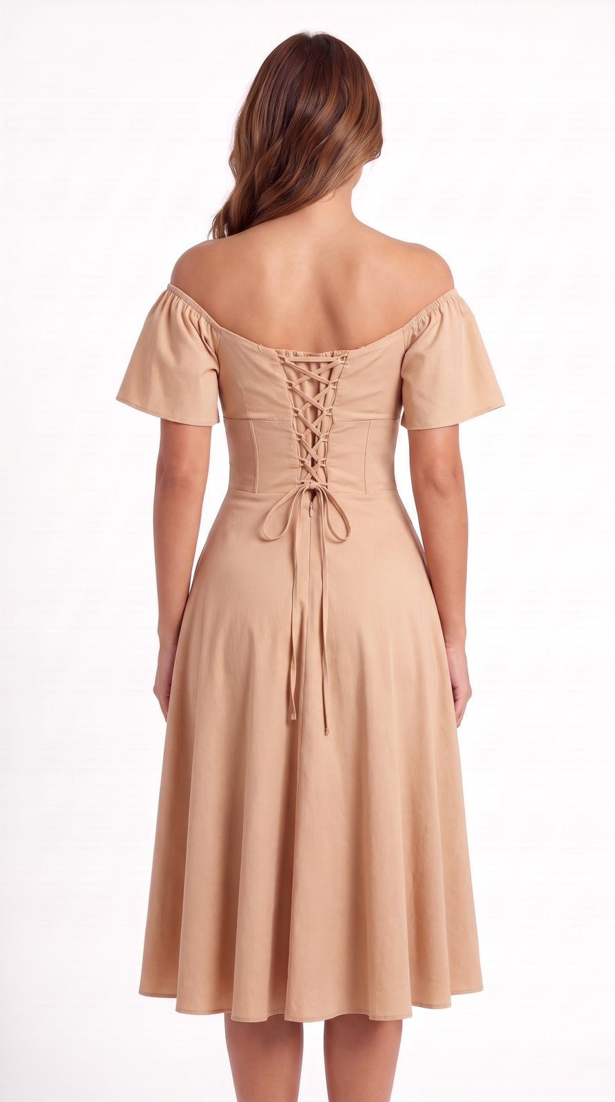 Vestido midi de lino con escote campesino Capricho color kaki, con modelo, espalda – the•moda