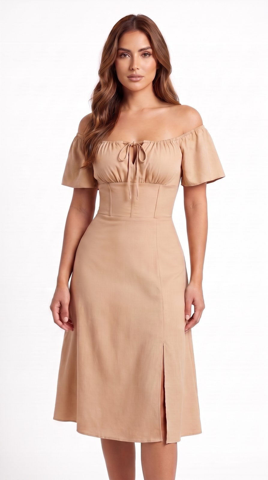 Vestido midi de lino con escote campesino Capricho color kaki, con modelo, frente – the•moda