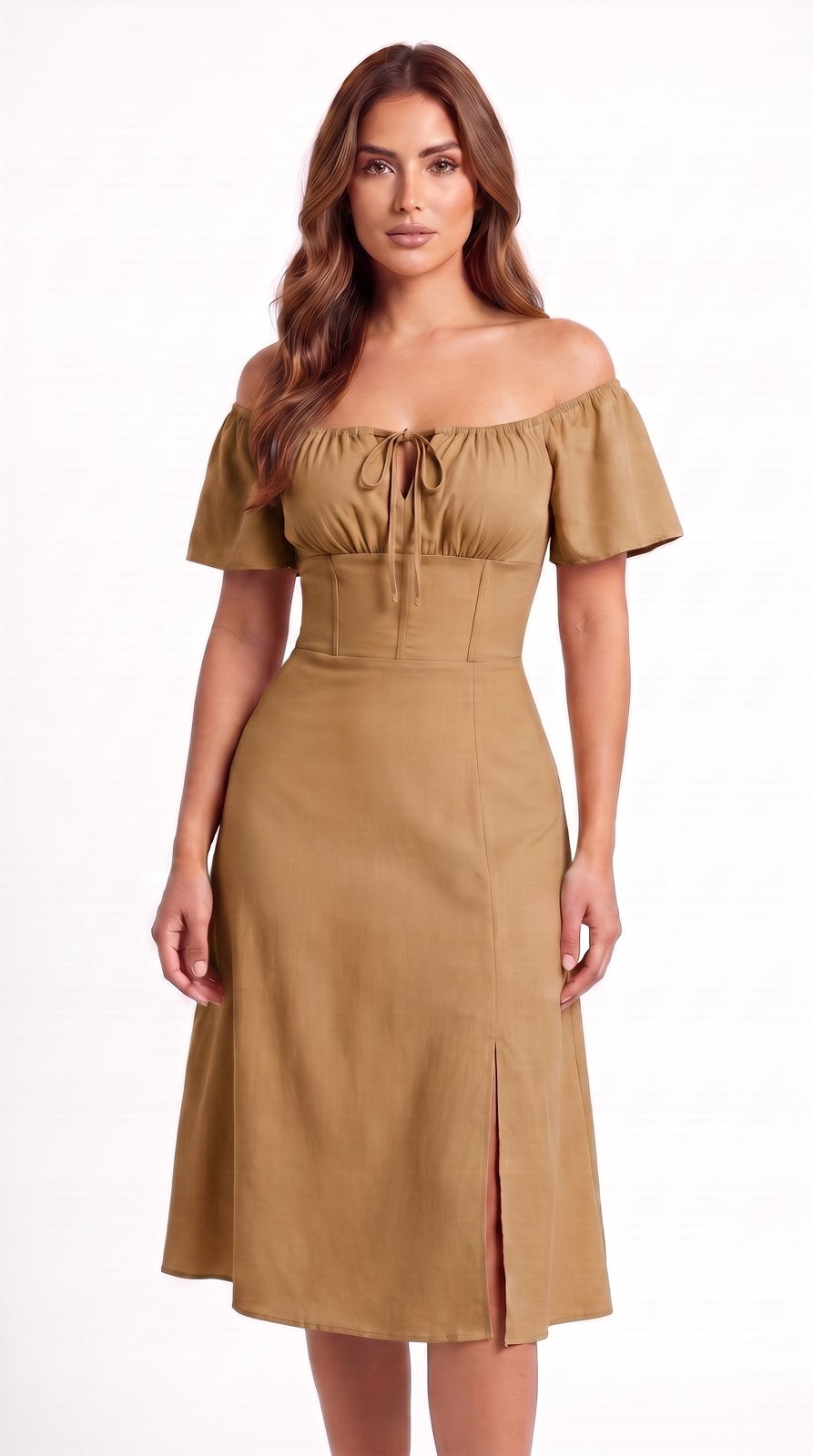 Vestido midi de lino con escote campesino Capricho color moka, con modelo, frente – the•moda