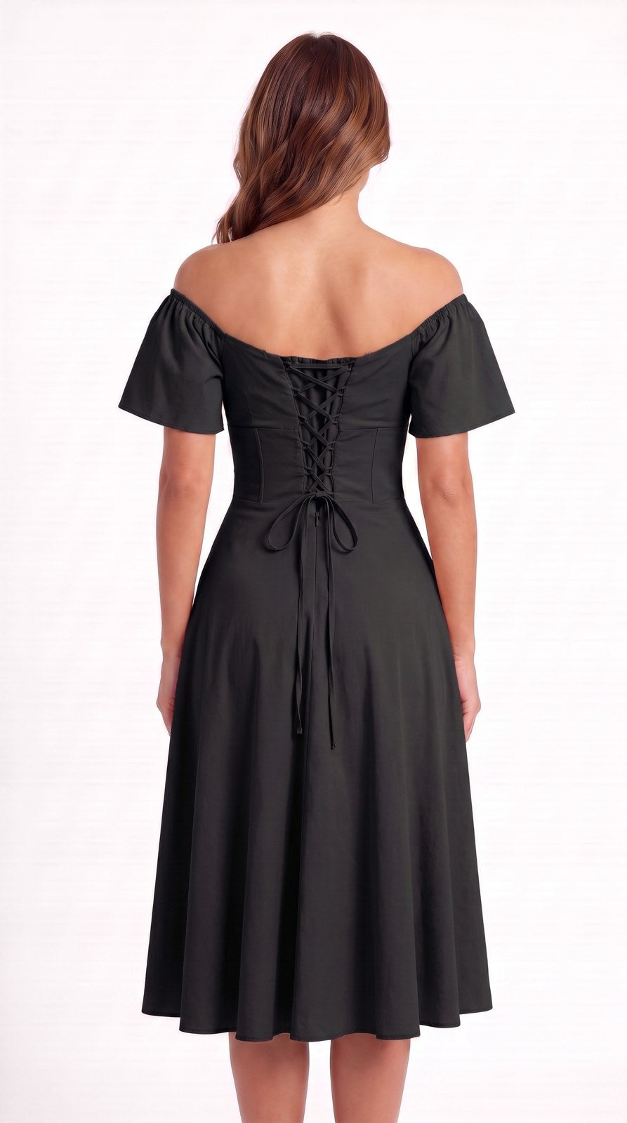 Vestido midi de lino con escote campesino Capricho color negro, con modelo, espalda – the•moda