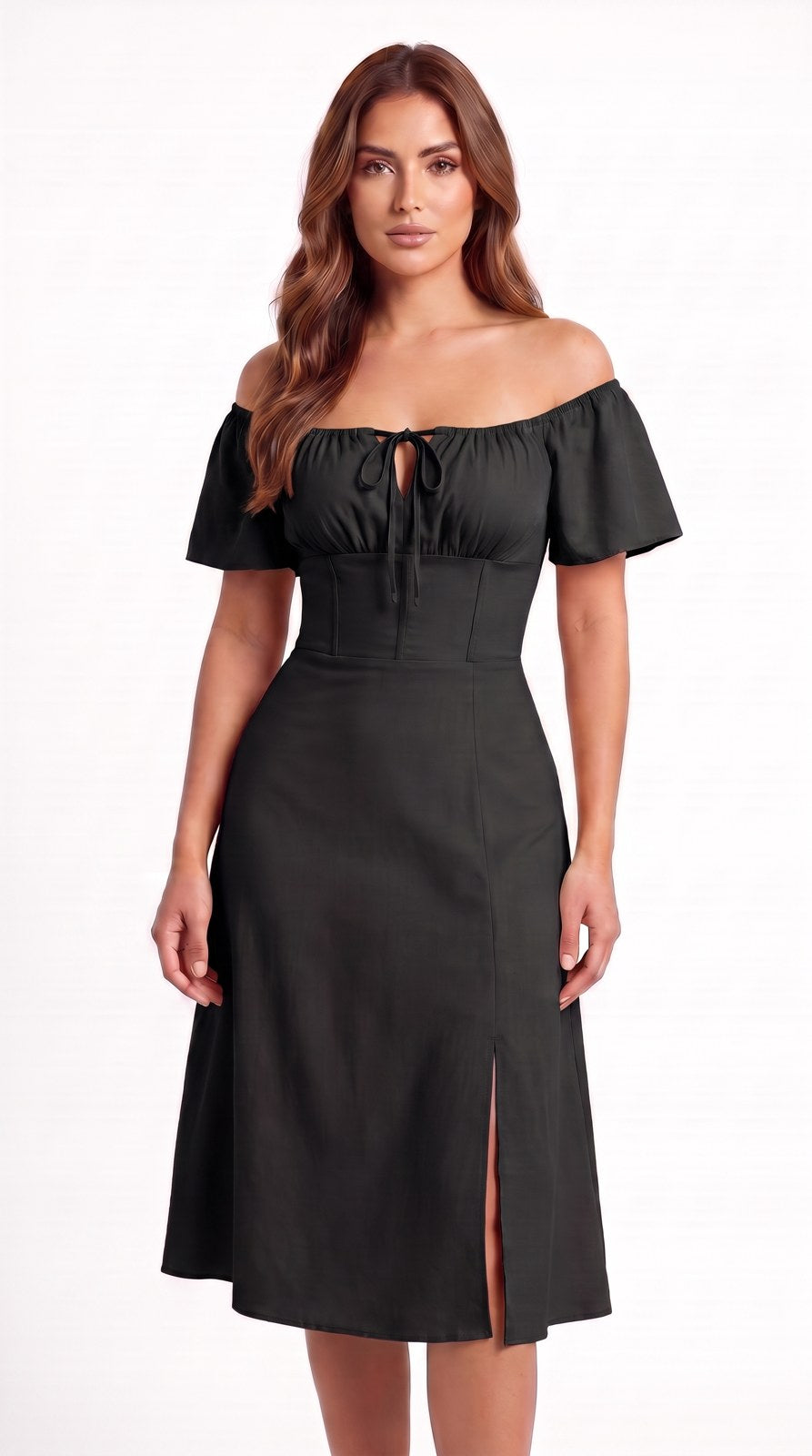 Vestido midi de lino con escote campesino Capricho color negro, con modelo, frente – the•moda