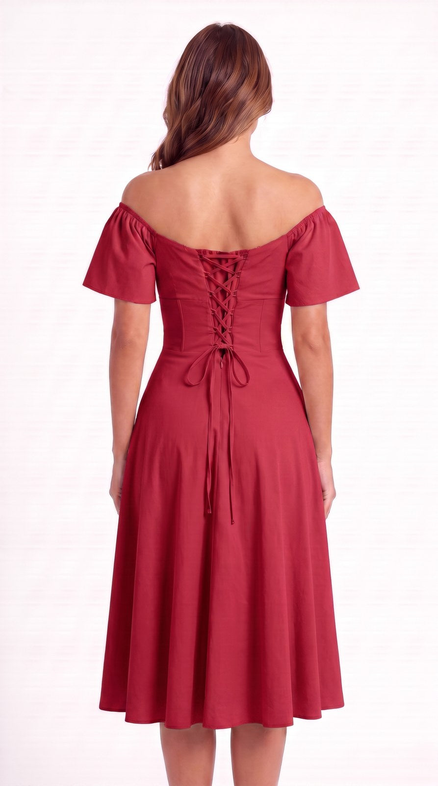 Vestido midi de lino con escote campesino Capricho color rojo, con modelo, espalda – the•moda