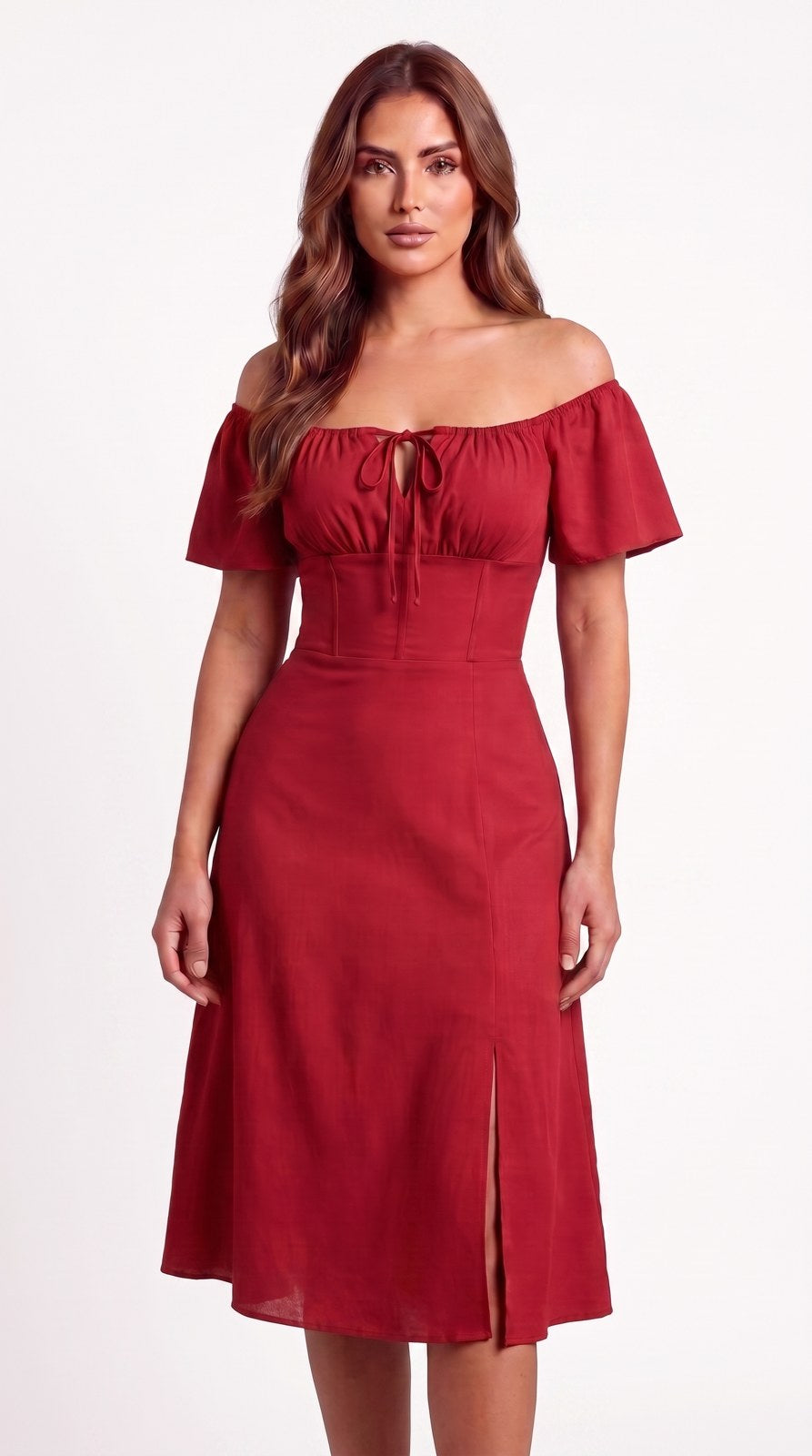 Vestido midi de lino con escote campesino Capricho color rojo, con modelo, frente – the•moda