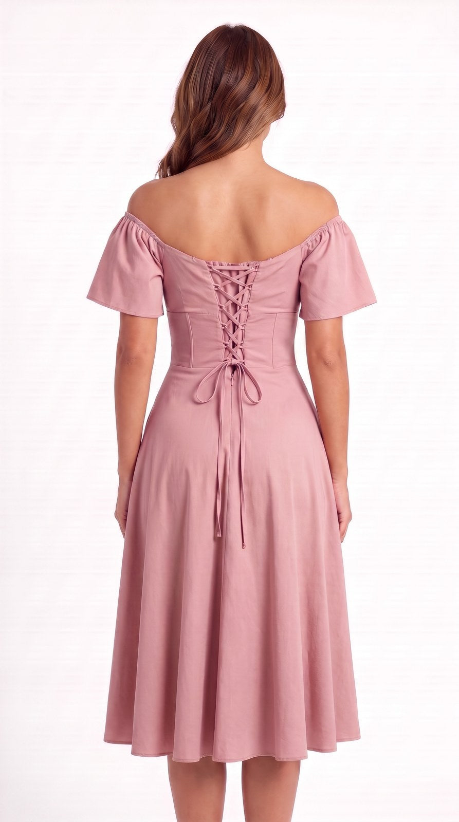 Vestido midi de lino con escote campesino Capricho color rosa palo, con modelo, espalda – the•moda