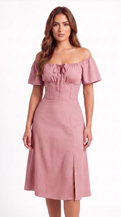 Vestido midi de lino con escote campesino Capricho color rosa palo, con modelo, frente – the•moda